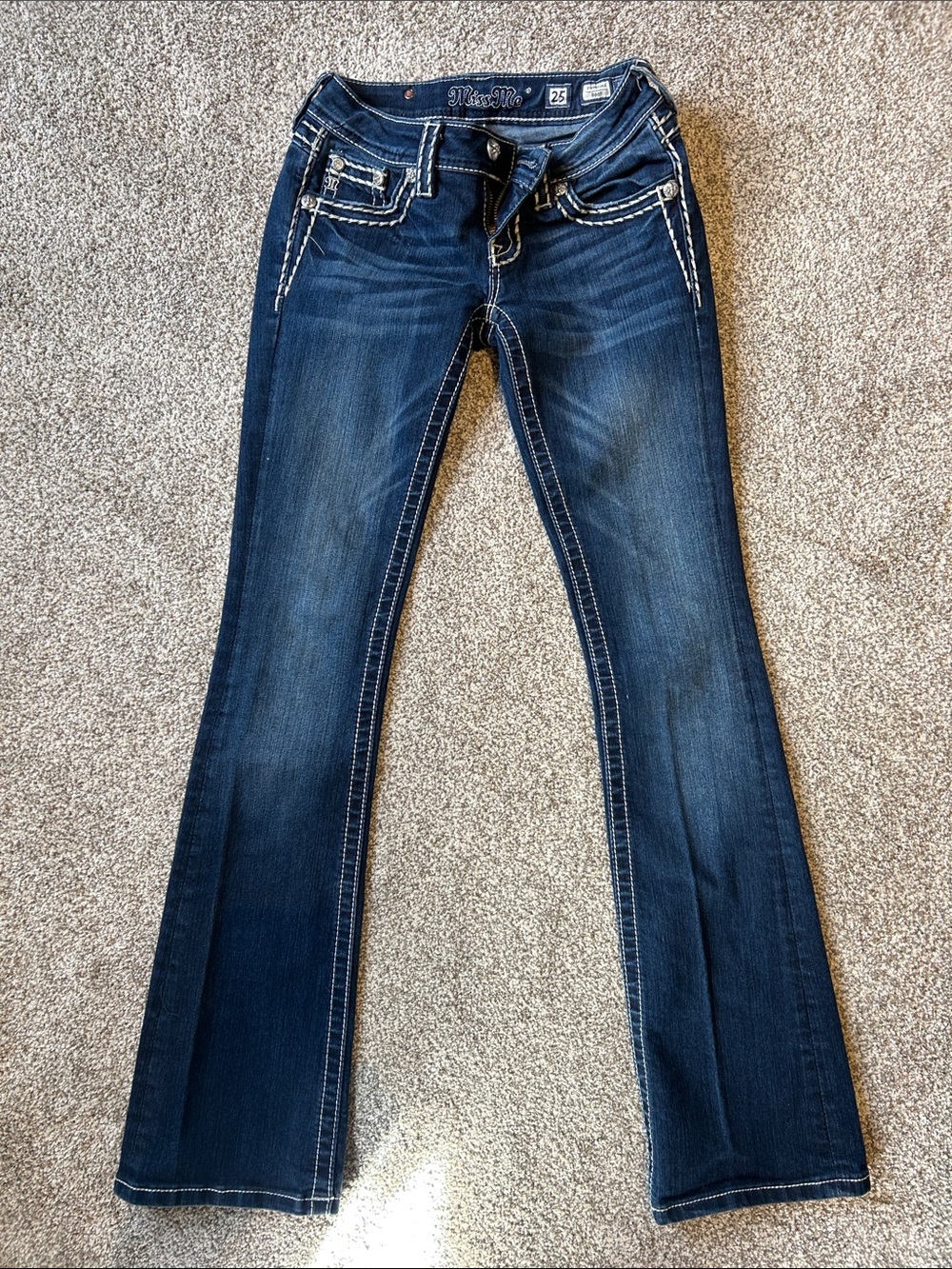 Miss Me Dark Blue Flare Jeans with Contrast Stitching